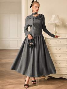 GENKIRA 灰色法式荷叶边领腰拼接超长裙长袖连衣裙配围巾，优雅休闲百搭 - 灰色 - 查看 5