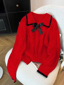 GlowEve CURVE Große Größen eleganter luxuriöser grauer Strickpullover mit Peter-Pan-Kragen, Schleife und langem Arm, dick - Rot - Übersicht 5