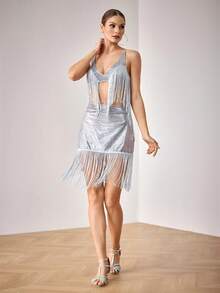 Menodora SHEIN Sport 女士时尚蛇皮流苏紧身迷你裙及其他舞蹈服饰 - 銀色 - 查看 4