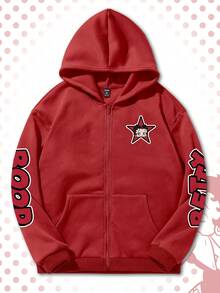 ROMWE MEN Betty Boop | ROMWE Áo hoodie có khóa kéo màu hồng cánh sen họa tiết hoạt hình cho nam, thoải mái cho mùa thu/đông - Đỏ - Xem 2