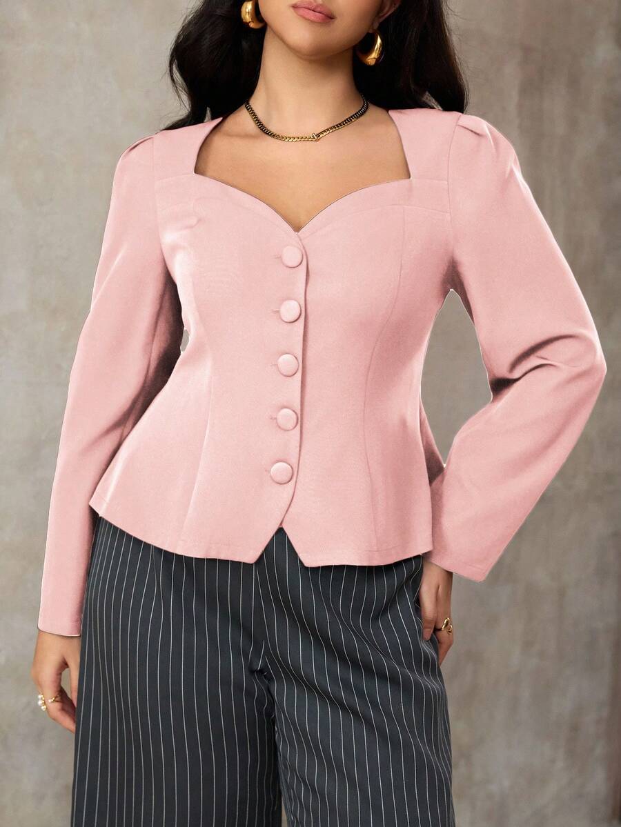 Roveilla Áo sơ mi trơn màu thanh lịch, thường ngày cỡ lớn dành cho nữ, cổ bẻ, cài nút phía trước, tay dài, kiểu dáng ngắn, thích hợp khi đi làm, đi nghỉ, tiệc trà chiều, tiệc Giáng sinh - Hồng - Xem 1