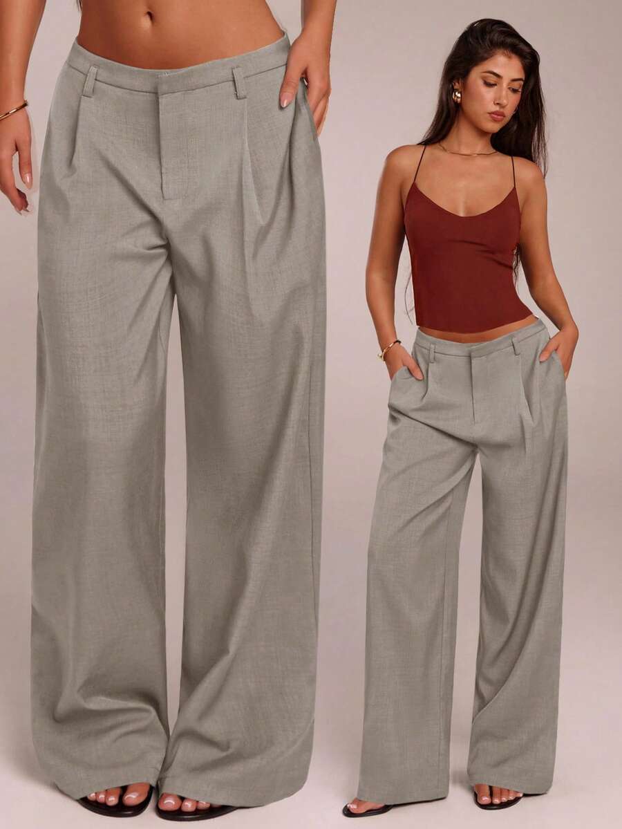 SHEIN Forever 21 Quần ống rộng cạp thấp màu trơn thời trang đa năng dành cho nữ - Màu Khaki - Xem 1