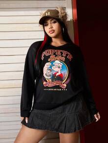 Popeye X SHEIN Plus Size Casual V-Neck Sweatshirt With Letter And Cartoon Graphic, Autumn/Winter Women Sweatshirts Plus Size Sweatshirt Plus Size Women Streetwear Plus Size Y2k Plus Size Clothes - Black - View 4
