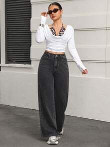 SHEIN PETITE 女式高腰口袋阔腿宽松休闲牛仔裤 - 灰色 - 查看 5