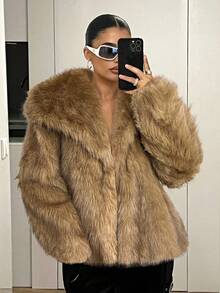 SHEIN ICON Short Solid Color Fashionable Winter Versatile Oversized Lapel Open Front Faux Fur Coat,Fall, Winter - Khaki - View 6