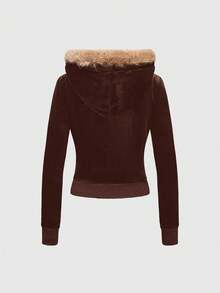 ROMWE Grunge Punk Women's Velvet Patchwork Hooded Collar 2 Pieces Set - Brown - View 4