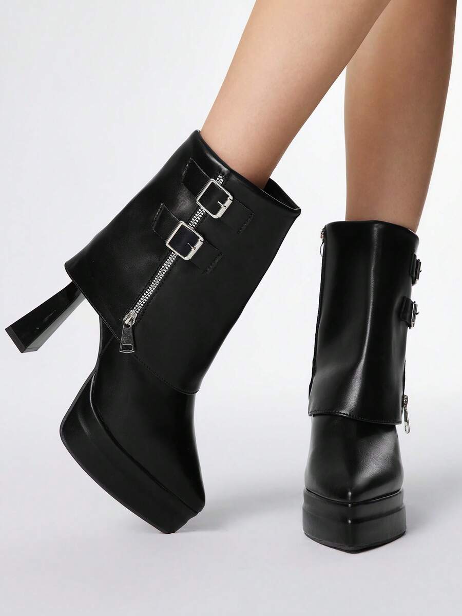 ROMWE 1 Pair Women's Punk Style Platform High Heel Pointed Toe Side Zipper Ankle Boots, Suitable For Autumn/Winter For Christmas - Black - View 1