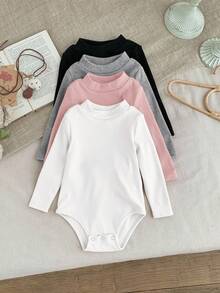 SHEIN LMoss Kids 3 件套 Babygirl 针织修身长袖立领连体衣，适合居家、户外等场合，秋冬季 - 彩色 - 查看 7