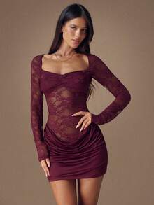 SHEIN BAE 勃艮第花蕾丝拼布圆领长袖镂空后背性感优雅精致迷你连衣裙，适合鸡尾酒会、浪漫约会、秋冬汗衫裙、派对、正式聚会、夜间外出连衣裙、婚礼宾客连衣裙、万圣节连衣裙、圣诞节连衣裙 - 酒紅色 - 查看 4