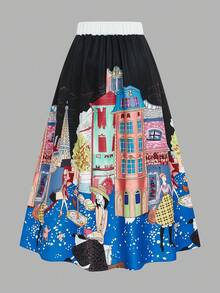 EMERY ROSE 大码时尚褶皱撞色创意印花半身裙 - 彩色 - 查看 2