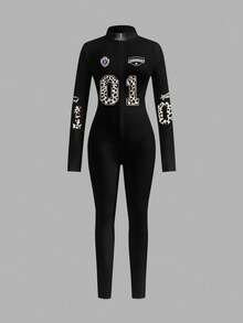 Slaydiva Casual Long Sleeve Front Zipper Leopard Print Numeral & Letter Badge Graphic Hiphop Street F1 Racing Jumpsuit, Chic For Autumn/Winter - Multicolor - View 3