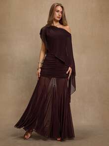 SHEIN BAE Women's Asymmetrical Shoulder Ruffle Collar Ruched Extra Long Dress, Suitable For Cocktail Party, Romantic Date, Autumn/Winter Layering Dress, Party, Formal Gathering, Halloween Dress, Christmas Dress