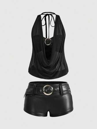 ROMWE Avant Damen Retro Gyaru Stil PU verzierter drapierter Ausschnitt rückenfrei Crop Top kombiniert mit Mini Bodycon Shorts 2 Stücke Set