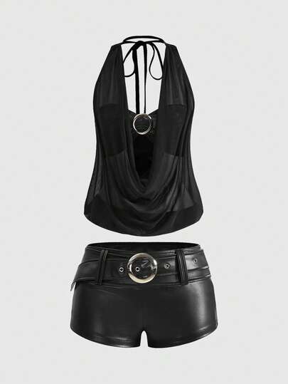 ROMWE Avant Ensemble 2 pièces femme avec Top court dos nu à col drapé décoré de PU et short moulant mini, style rétro gyaru