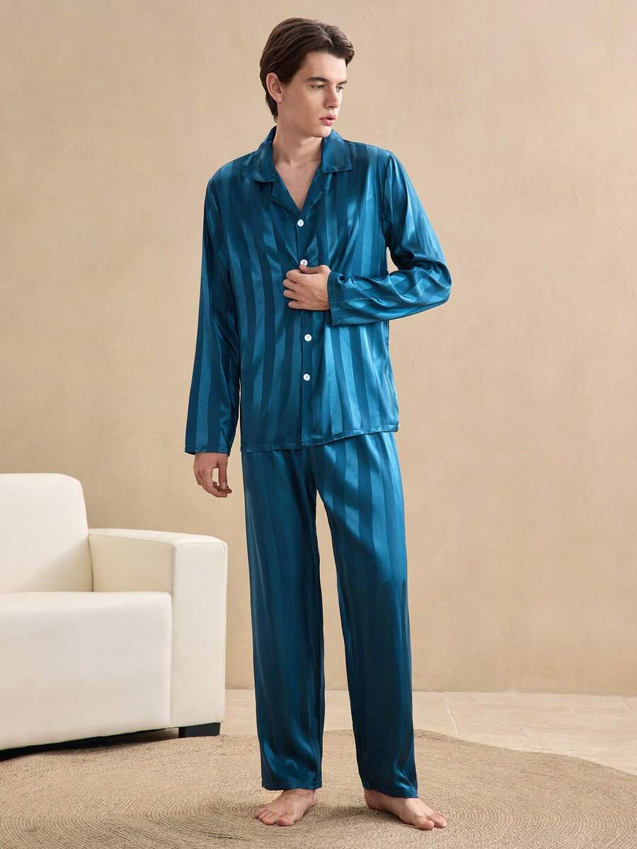 EverLounge Faux Silk Jacquard Men's Loungewear Set, Winter Clothes - Green - View 1