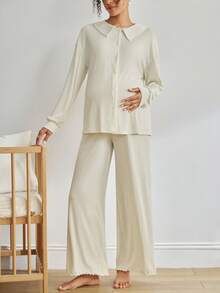 Moonlight&Mama BloomMama 2pcs Apricot Shirred Collar Front Nursing Pajama Set, Comfortable Minimalist Maternity Loungewear, Winter - Apricot - View 2