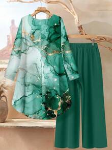 Rusticease 2 件套女士休闲宽松大理石波纹图案全印花圆领长袖上衣和裤子套装，夏季服装 - 彩色 - 查看 2