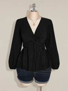 SHEIN ICON Plus Size Women's Autumn/Winter Sexy Retro Elegant Commuter Simple Casual V-Neck Long Sleeve Lantern Sleeves Twisted Chest Hem Black Textured Fabric Loose Women's Top - Black - View 3