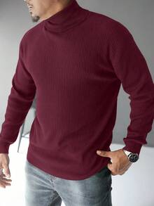 Manfinity Homme Plus Size Men's Solid Color Casual Turtleneck Sweater, Autumn/Winter Men Turtleneck Shirts, Long Sleeve Top - Burgundy - View 4