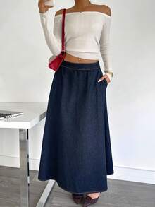 Siren Gaze 女士牛仔高腰长裙 冬季职场女性感恩节办公室性感风 - 深色水洗藍 - 查看 2