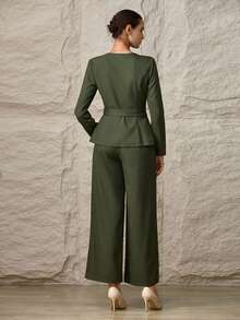 Modelyn 女士纯色长袖不对称下摆纽扣衬衫和裤子休闲两件套 - 綠色 - 查看 2