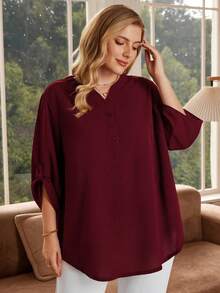 Blusa de 3/4 de manga en color borgoña para mujer talla grande, ideal para principios de primavera y verano, para vacaciones - Rojo violeta - Ver 3