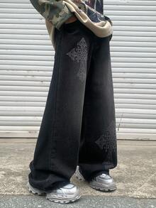 SHEIN 青少年男孩 Bolty 时尚休闲 Y2k 复古酷炫街头黑色牛仔闪亮十字水钻设计宽松舒适牛仔裤，适合日常穿着、秋冬季节、锐舞节和街头服饰。 - 黑色 - 查看 4