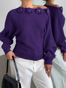 Elenzga Women's Elegant Floral Rhinestone Decor Asymmetric Shoulder Solid Color Sweater - Purple - View 7