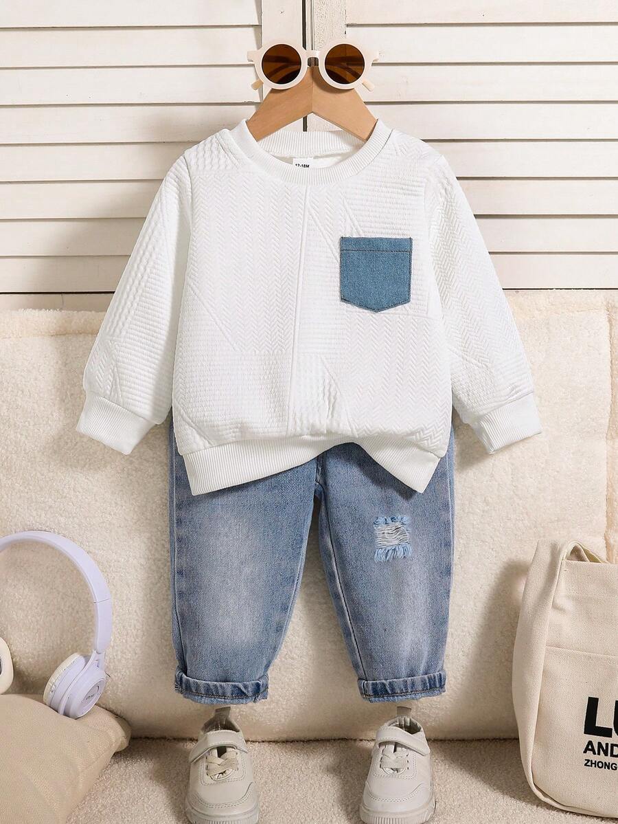 SHEIN 2 件套男婴/女婴休闲白色运动衫和蓝色牛仔长裤运动服，男女通用秋冬婴儿服装 - 彩色 - 查看 1