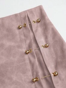 Sweetra Vintage Style PU Metal Buckle Design Short A-Line Skirt For Women, Autumn - Pink - View 4