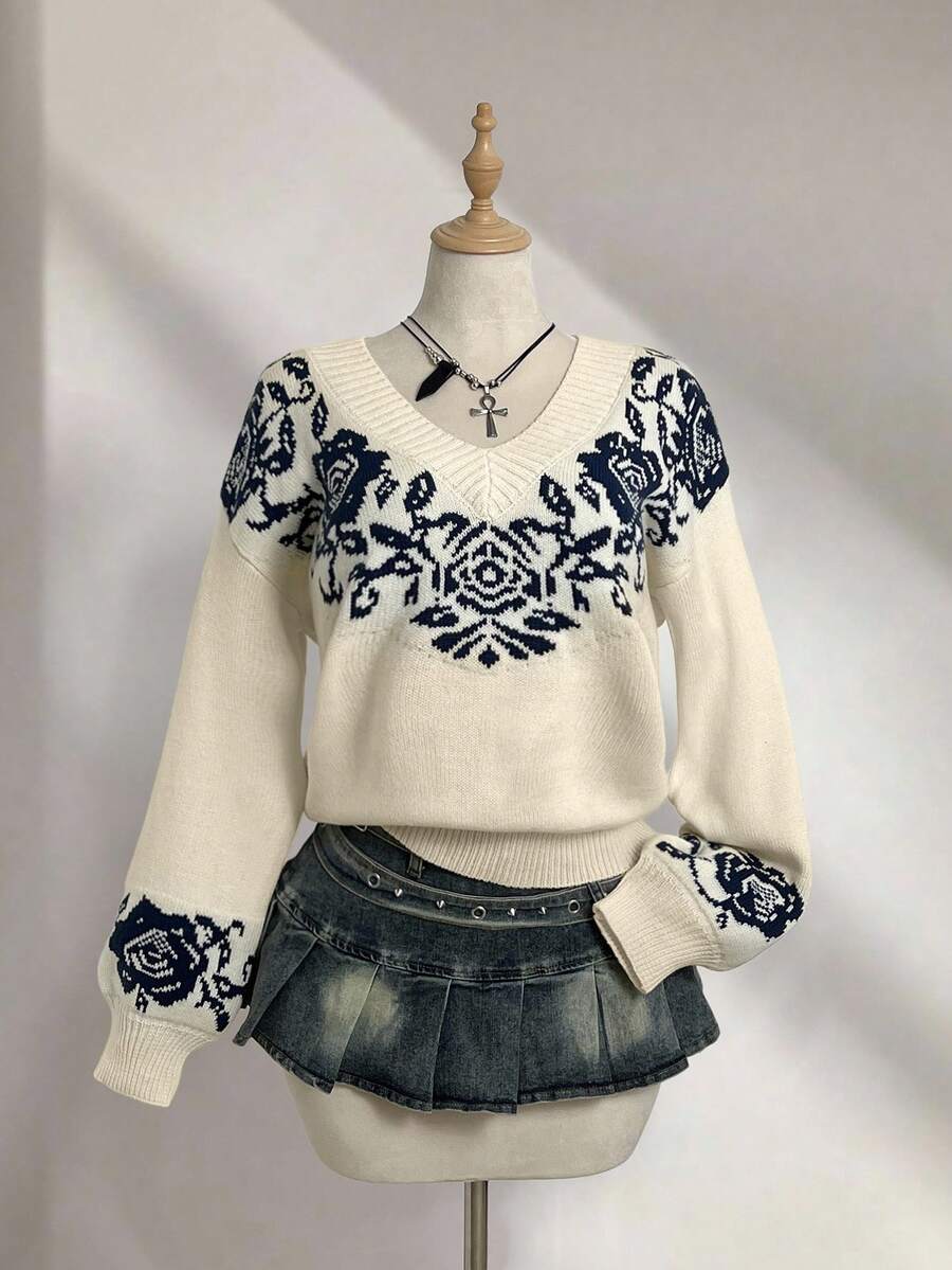 Elamini 女式复古休闲百搭V领提花针织毛衣 - 彩色 - 查看 1