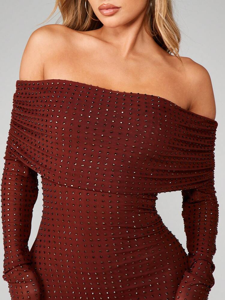 MISSGUIDED Off Shoulder Burgundy Diamante Embellished Mini Dress Long Sleeve Bodycon Evening Party Dress