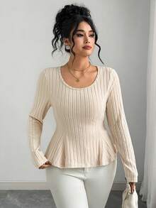 Elenzga Women's Solid Color Round Neck Long Sleeve Backless Twist Rib Casual Top, Autumn/Winter - Apricot - View 3