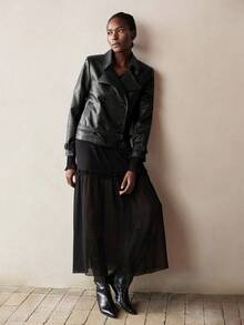 Maija Women's Autumn/Winter Double-Breasted Lapel Leather Short Jacket, With Ruffle Pockets, Fringe Details And Contrast Rivets, Street Style Outerwear Christmas Clothes - Black - View 4