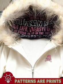 INAWLY 女式修身连帽运动衫夹克，人造毛领，数码印花 - 白色 - 查看 4