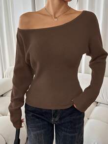 SHEIN SXY 女士纯色不对称领口休闲长袖红色毛衣休闲派对优雅家居性感秋冬休闲圣诞万圣节新年不对称上衣