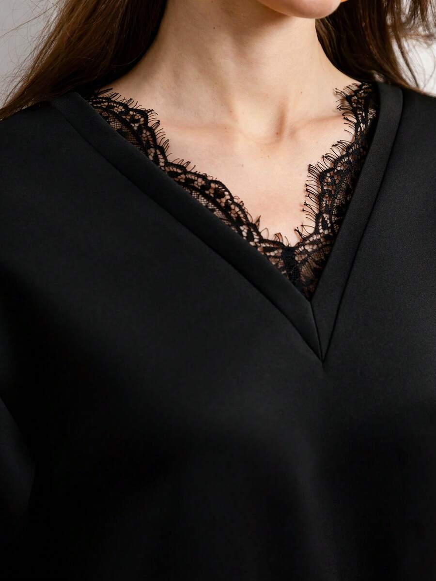 Miaspire 女式撞色蕾丝V领长袖宽松休闲运动衫,秋冬 - 黑色 - 查看 1
