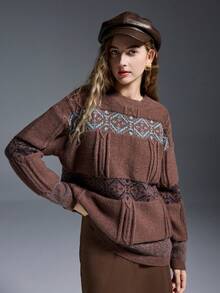 INAWLY Women's Retro Geometric Pattern Sweater, Autumn/Winter - Coffee Brown - View 4