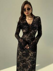 Aloruh Đầm ren tay dài thiết kế cổ buộc gợi cảm cho nữ - màu đen - Xem 4