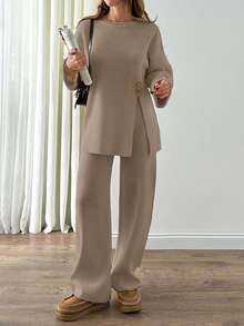 EURMUSE 2pcs/Set Women's Fashionable Design Loose Slit Knit Sweater And High Waist Wide Leg Pants Set, Autumn/Winter - Beige - View 3