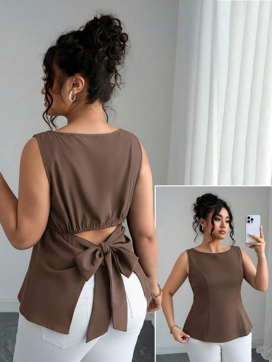 Elenzga 大码女式纯色无袖露背系带衬衫 - 棕色 - 查看 1
