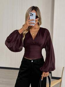 Easowa 复古褶皱灯笼袖抽绳露背蝴蝶结安哥拉红网眼T恤，休闲宽松优雅OL风，秋冬款 - 紅色 - 查看 3