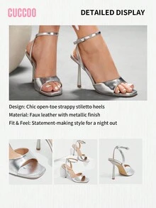 CUCCOO SZL Women's Fashionable Silver Ankle Strap Sexy Strappy Square Toe Stiletto High Heel Sandals, Suitable For Commute, Date, Party, Wedding, Vacation