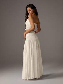 SHEIN Unity 女士网纱纯色时尚露脐抹胸上衣和长裙两件套 - 杏色 - 查看 2