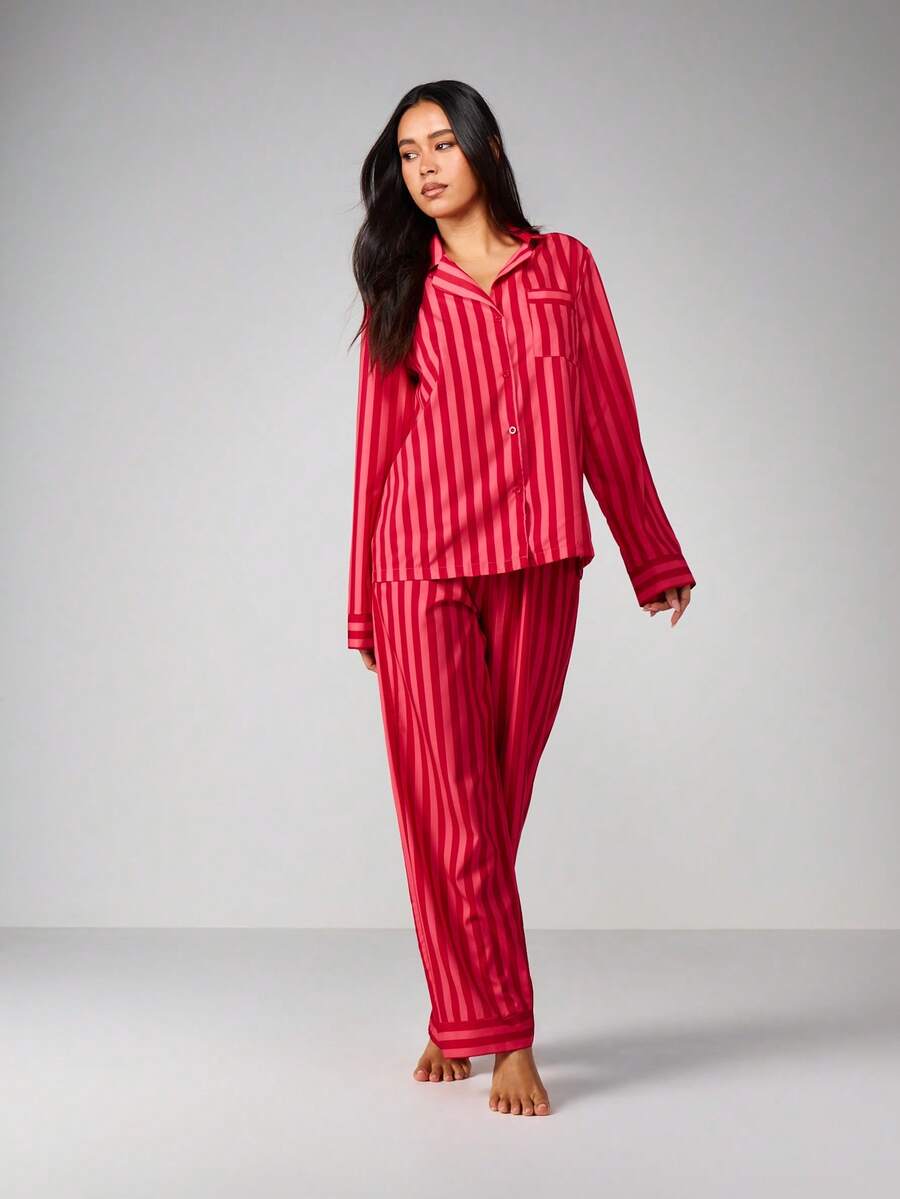 MISSGUIDED Striped Long Sleeve Button Up Pajama Set For Women Comfort Sleepwear Lounge - Hot Pink - View 1