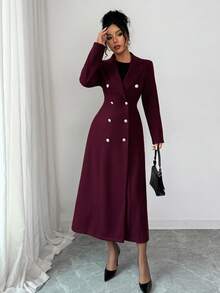 Elenzga Women's Solid Color Lapel NeckLong Sleeve Double-Breasted Elegant Elegant Regular Jacket, Autumn/Winter - Burgundy - View 4