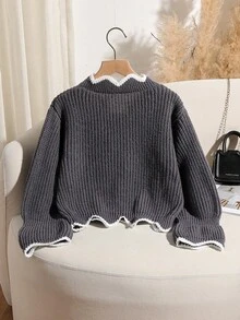 Genkimix Kids Tween Girl Chunky Knit Cropped Long Sleeve Sweater, Autumn/Winter, V-Neck Ruffle Hem, Bell Sleeve Detantic Fashionable Pullover - Grey - View 2