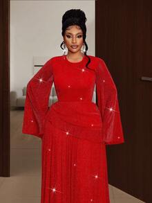 Maweii Đầm xòe tay loe cổ tròn màu trơn cỡ lớn đính sequin viền bèo nhún thanh lịch cho nữ - Đỏ - Xem 5