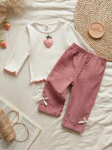 Vintaside Kids 2pcs Baby Girls' Spring/Autumn White Knit Crew Neck Long Sleeve Top And Solid Pink Pants Set, Adorable Cherry Decor, Suitable For Outings, Casual Wear, And Birthday Parties - Multicolor - View 3