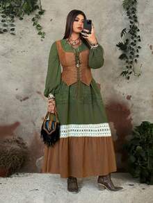 SHEIN Whyspr Grunge Cottage Punk Plus Size Bohemian Colorblock Patchwork Long Sleeve Dress - Multicolor - View 5